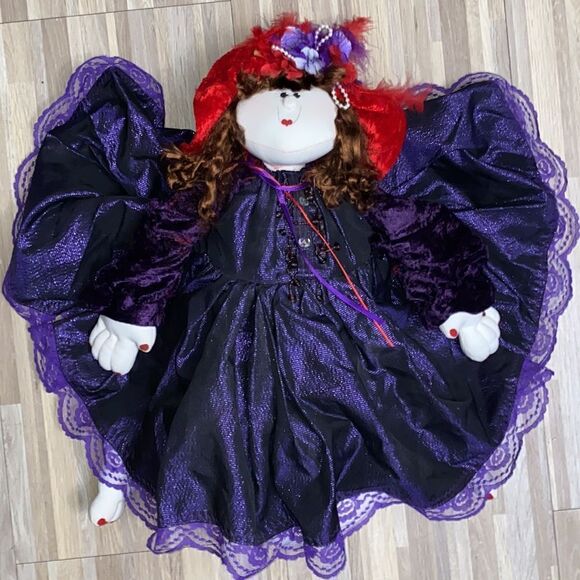 Red Hat Society Doll purple dress red fancy hat with feather farmhouse vintage - Picture 5 of 7